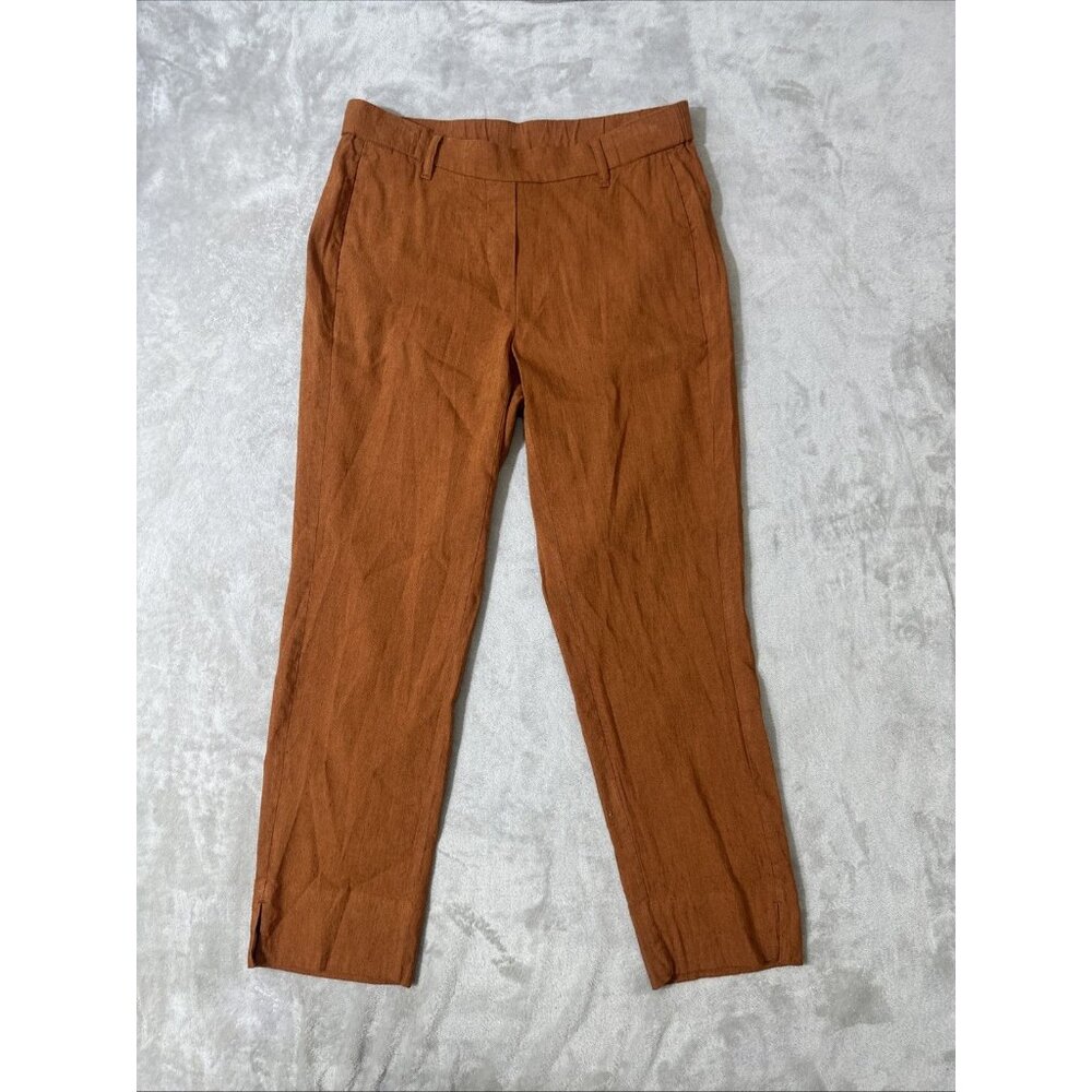 J Jill Linen Blend Stretch Crop Pants Small Rust Orange Pull On Ankle Slit Hem